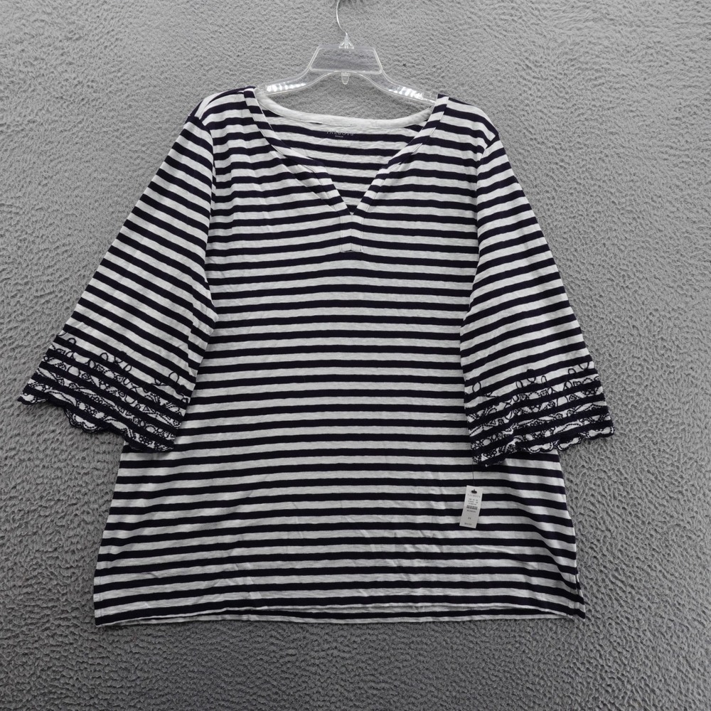 Talbots Striped‎ Top 3X Navy White Cotton Lace Sleeve Plus Size Women